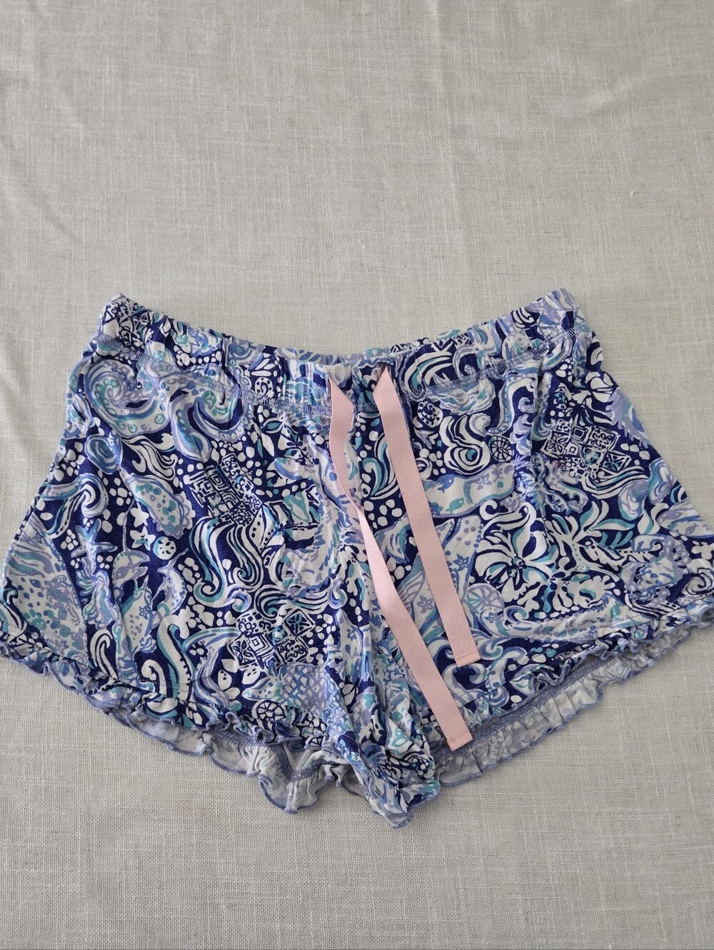 Lilly Pulitzer Blue Paisley Lounge Shorts with Pink Drawstring
